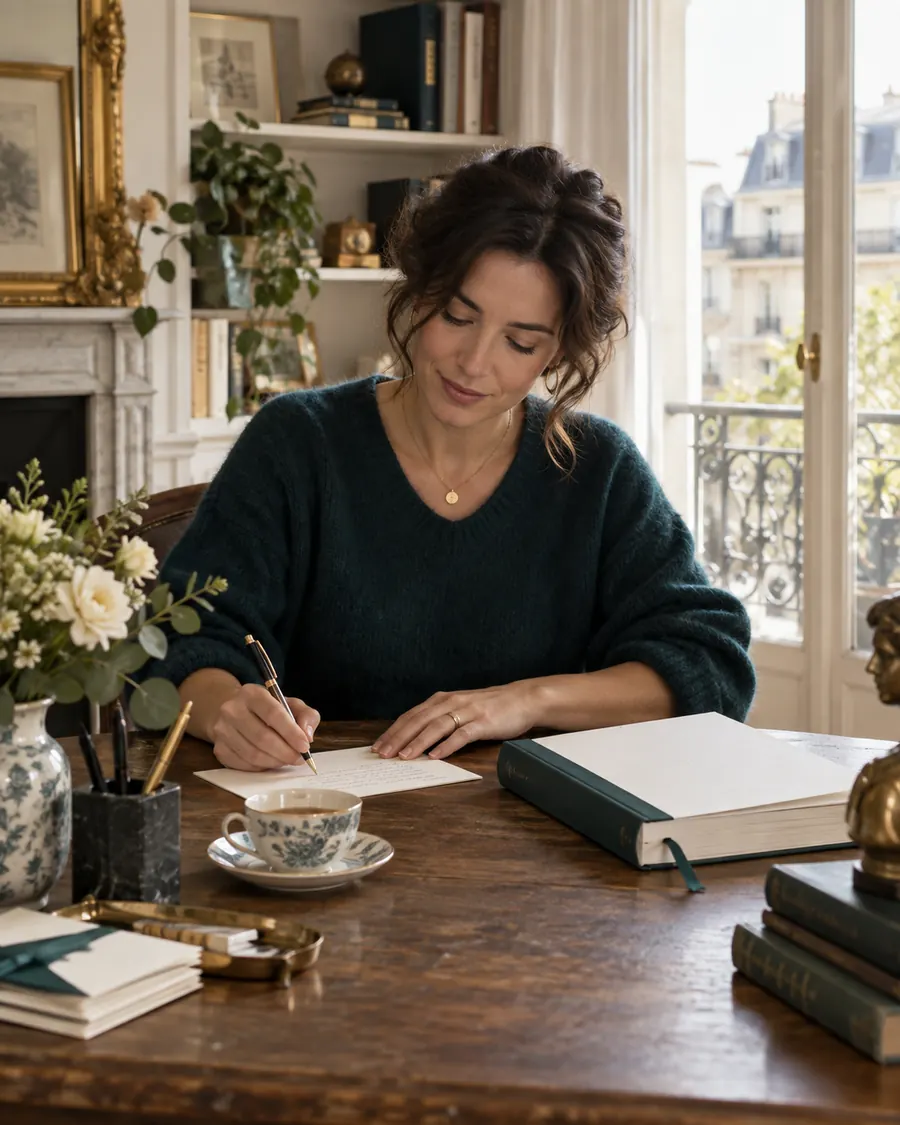 Auteure rédigeant une note à son bureau