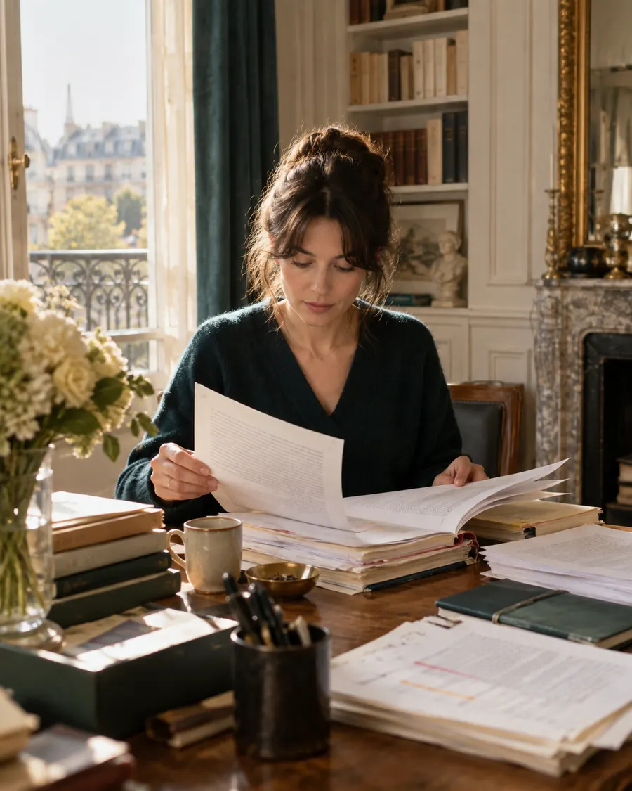 Manuscrit relu après un refus éditorial près d’une fenêtre