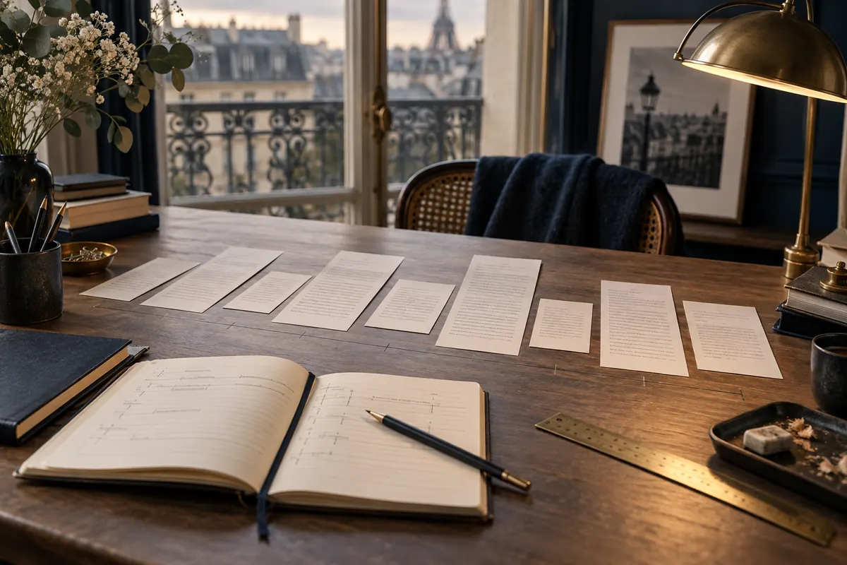 Pages de manuscrit disposées pour comparer les séquences d’un roman