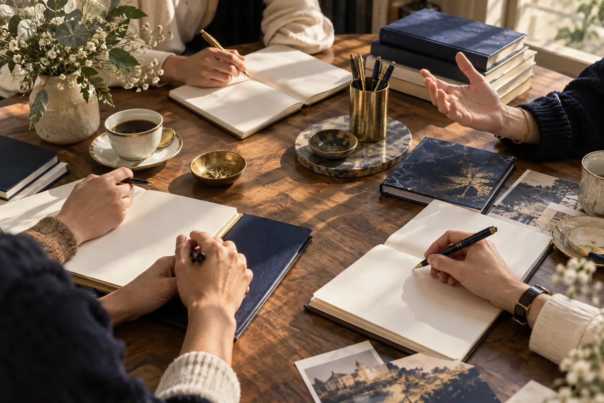 Plusieurs personnes travaillant autour de pages vierges