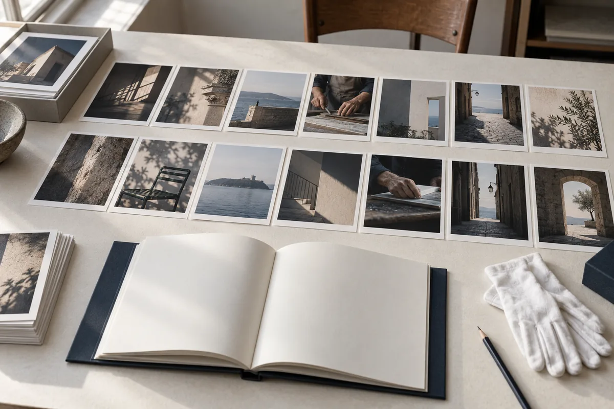 Tirages photographiques ordonnés près d’une maquette de livre ouverte