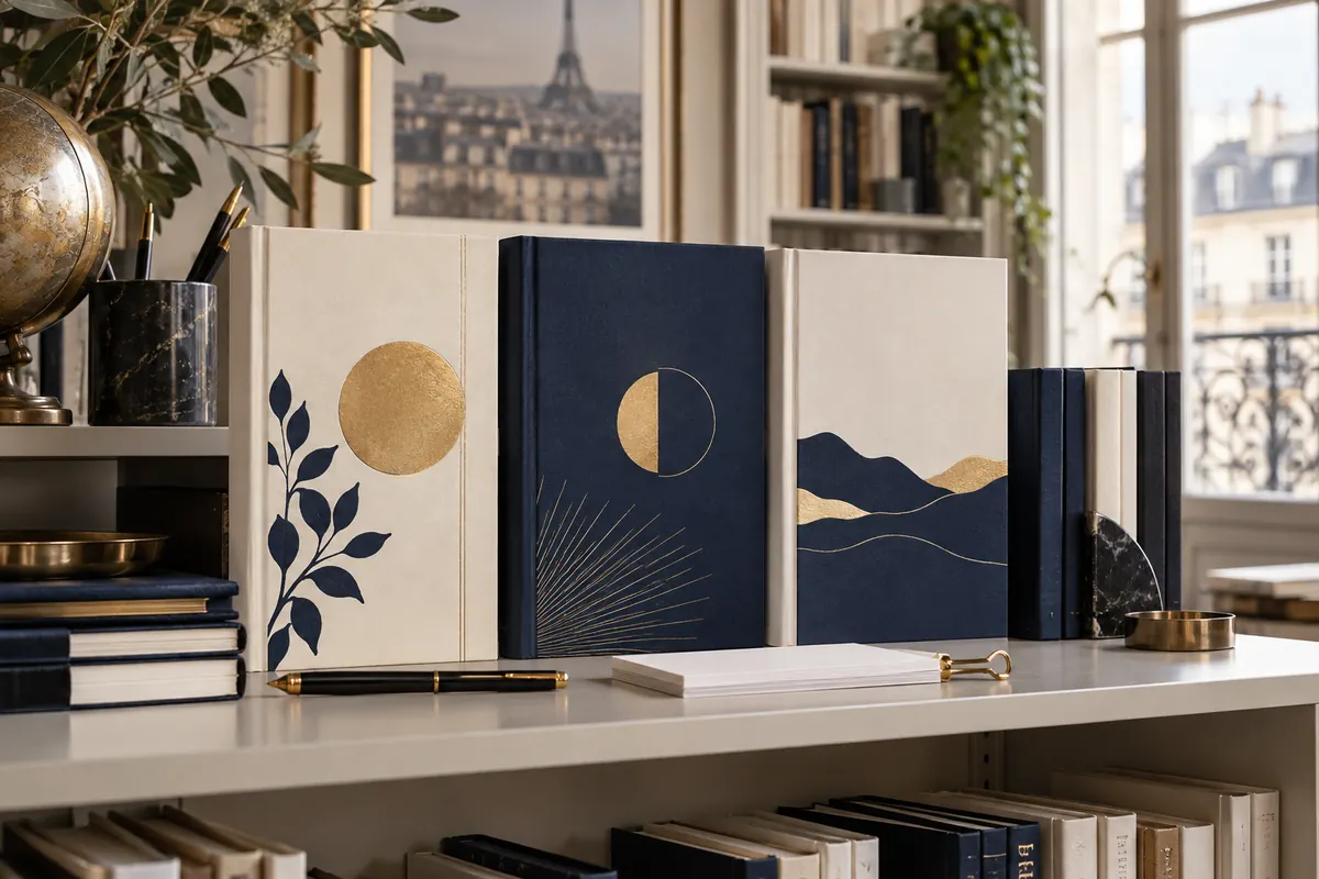 Trois volumes aux couvertures harmonisées dans une bibliothèque