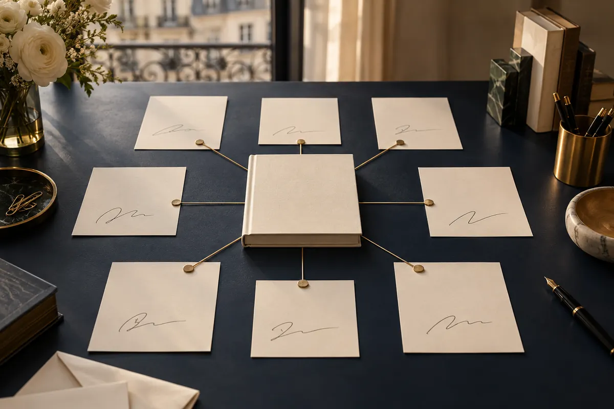 Fiches de contributeurs disposées autour d’une maquette de livre
