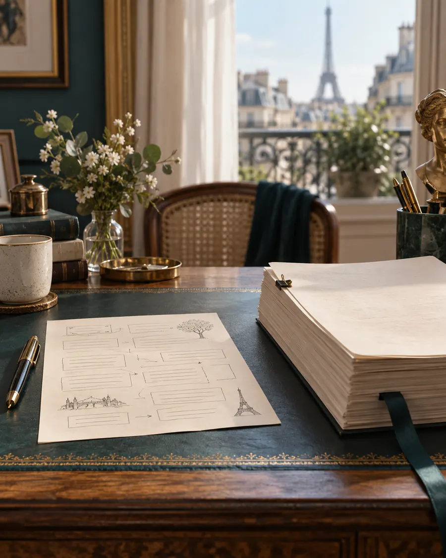 Plan bref et manuscrit préparés sur une table
