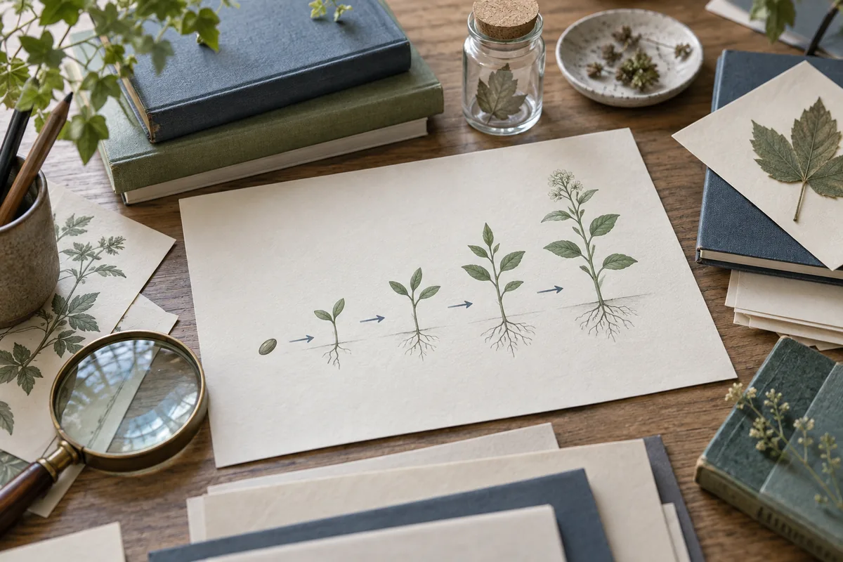 Schéma illustré des étapes de croissance d’une plante sur une table de recherche
